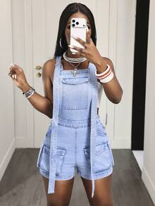BamGleam Women's Casual Denim Overall Shorts With Pockets For Daily Outings - Blue - View 4