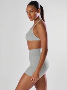 Musera Sport 純色抓皺胸前開口露背掛脖運動內衣，舒適運動健身房跑步跑團、板式網球、網球、匹克球、瑜珈、皮拉提斯、健身日常休閒 - 灰色 - 查看 4