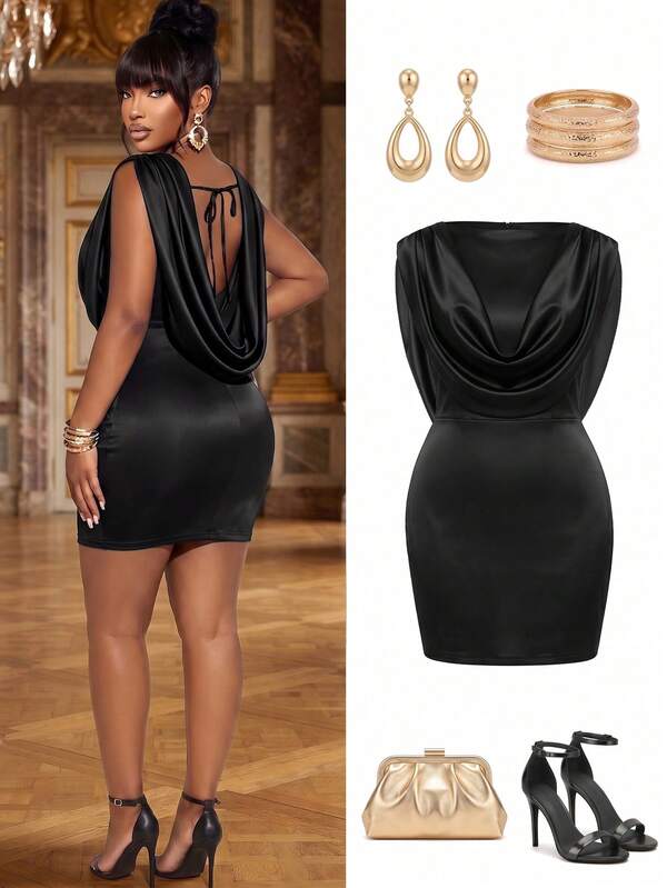 Poshavie Poshavie Vestido elegante y ajustado para mujer de talla grande - Vestido de cóctel elástico con espalda abierta, perfecto para fiestas