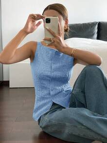 Siren Gaze Women's Geometric Textured Single-Breasted Casual Vest - Blue - View 4