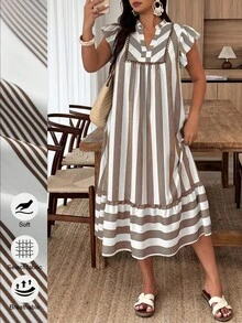 Weeklong Women's Plus Size Spring/Summer Casual Boho Vacation Loose White Ruffle Sleeve Ruffle Hem Dress, Suitable For Daily And Vacation Wear - Multicolor - View 5
