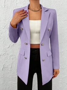 SHEIN Cottnline 女士雙排扣西裝領職業長袖西裝外套 - 紫丁香色 - 查看 4
