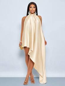 SOLERSUN Plus Size Women's Dress With Pleated Details And Asymmetric Diagonal Hem, Perfect For Dates, Festivals And Parties. - Apricot - View 5