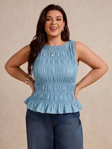 Elaquor Plus Size Women's Solid Color Pleated Ruffle Hem Sleeveless Tank Top - Baby Blue - View 6
