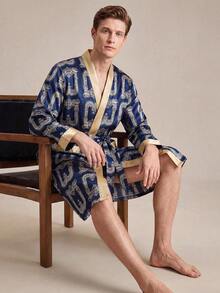 EverLounge Bata de estar en casa para hombre con cuello de kimono y estampado - Azul Marino - Ver 3