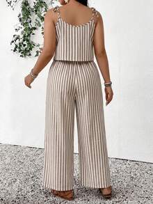 Jumpsuit Kasual Longgar Bergaris dengan Tali Pengikat untuk Wanita Ukuran Plus, Celana Panjang, Cocok untuk Pemakaian Sehari-hari dan Liburan - Coklat - View 2