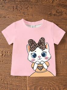 Summer Baby Girl Casual Multi-Piece Set, Brown & Apricot Leopard Print Cartoon Rabbit Pattern, Round Neck Short Sleeve T-Shirt & Shorts - Multicolor - View 3