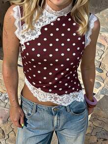 Travachic Polka Dot Lace Patchwork Women's Tank Top Summer Party Everyday Birthday Dates Tea Brunch Daytime Country Concert Elegant Romantic - Multicolor - View 10