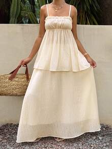 Livesso Summer Textured Plaid Camisole Top Skirt Set Wedding Vacation Casual Tropical Boho Beach Elegant Women's 2-Piece Outfit White Polka Dot - White - View 2