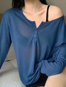 Dazy Plus Camiseta de manga larga con cuello amplio y apertura frontal parcial, unicolor, primavera/verano - Neblina azul - Ver 2