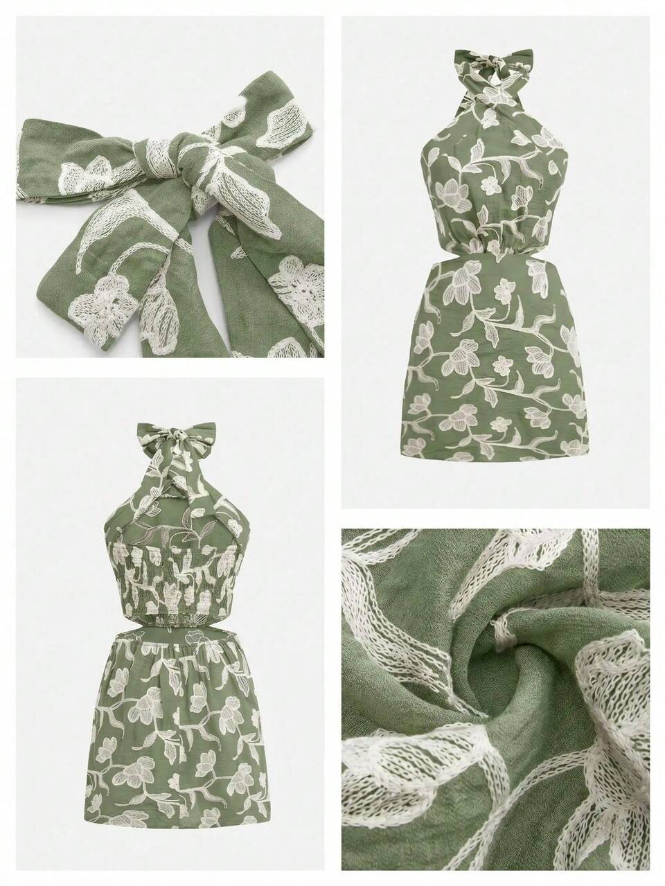 SHEIN Maija MAIJA Vacation Backless Lace Trim V-Neck Flowy Mini Dress Beach Sage Green Summer Boho
