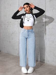 SHEIN PETITE 女款高腰口袋寬腿寬鬆休閒百搭牛仔褲 - 淺色水洗藍 - 查看 6