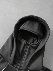 PAVTROS Sweatshirt Hoodie Resleting Dua Lapis Bergaris Warna Blok Gaya Streetwear Pria Muda - Dark Grey - View 3