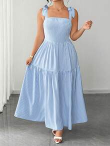 Elenzga Plus Size Fashion Women's French Elegant Blue Striped Strapless Spaghetti Strap Dress, Lace-Up Cinched Waist Design Full Skirt Long Dress Suitable For Summer Back To School, Vacation, Graduation, Holiday, Valentine's Day, Christmas, Music Festival, Mother's Day, Halloween, Thanksgiving, Easter, National Day, Prom, Birthday, Date Party, Wedding Season, Outing, Etc. - Multicolor - View 6