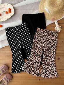 SHEIN Baby Girl Knit Leopard Print Polka Dot Pattern Elastic Waist Flare Long Pants 3pcs Set - Multicolor - View 2