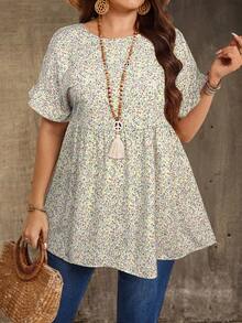 EMERY ROSE Plus Size Floral Print Round Neck Ruffle Hem Casual Boho Short Sleeve Shirt, Summer Vacation Beige - Yellow - View 5