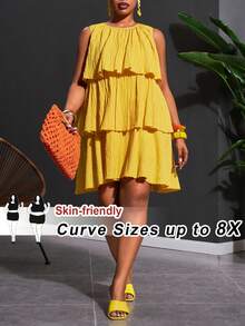 SHEIN CURVE+ 大码女装春夏新款优雅浪漫派对约会晚宴度假休闲海滩篝火宽松纯色黄色无袖多层褶皱拼接娃娃蛋糕裙大码女装迷你连衣裙 - 黃色 - 查看 10