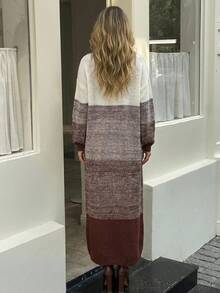 Color Block Drop Shoulder Sweater, Long Sleeve Sweater Dress - Multicolor - View 2