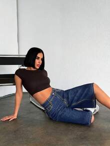 EURMUSE Raw Washed, High Rise, Baggy V Shape Denim Short Jeans Y2k - Dark Wash - View 6