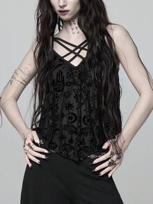 ROMWE Goth 夏季哥德風神秘星月植物圖案 定製燒花布料不對稱下擺寬鬆背心上衣 萬聖節夜店之夜外出穿搭 黑色 - 黑色 - 查看 6