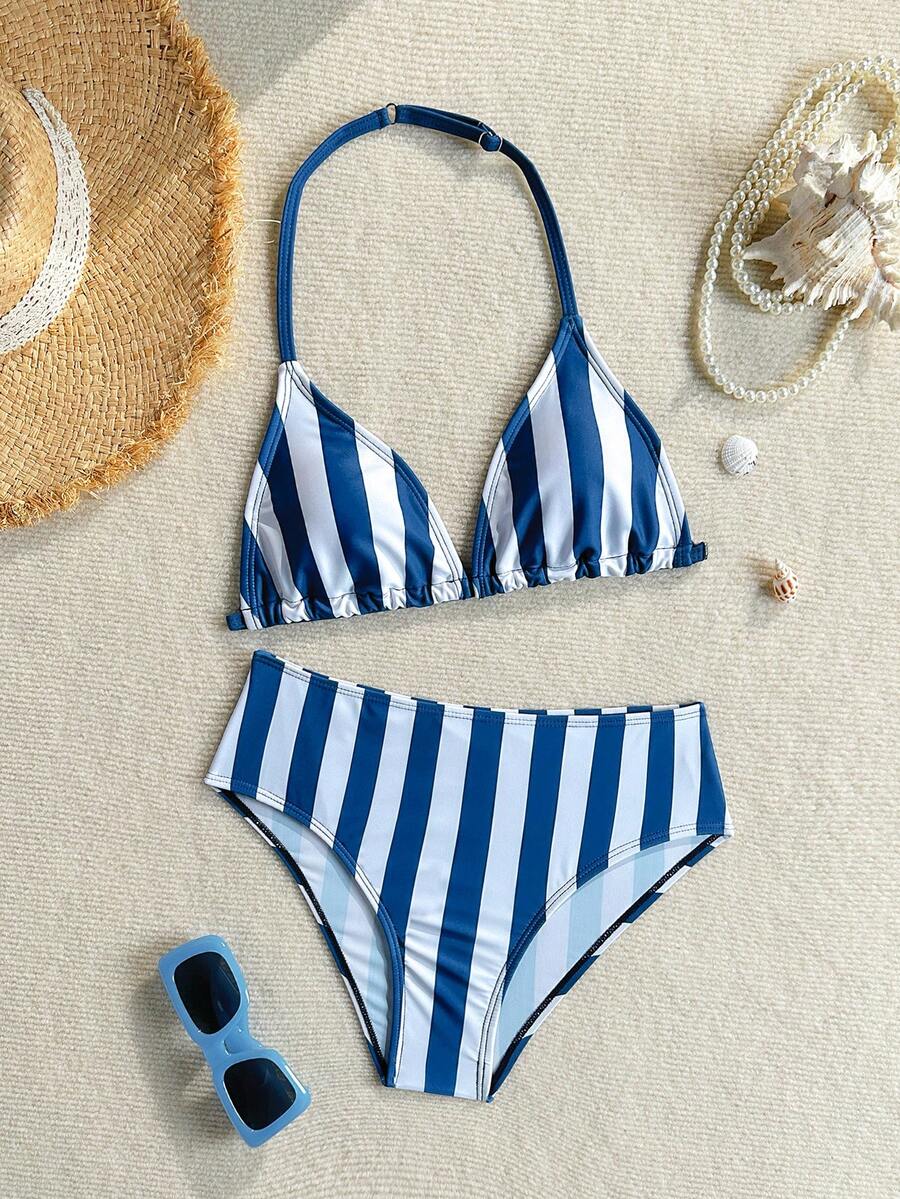 SHEIN Teen Girls Red Striped Pattern Print Bikini Set Simple Swimsuit Beach Vacation Outfit Suitable For Summer - Navy Blue - View 1