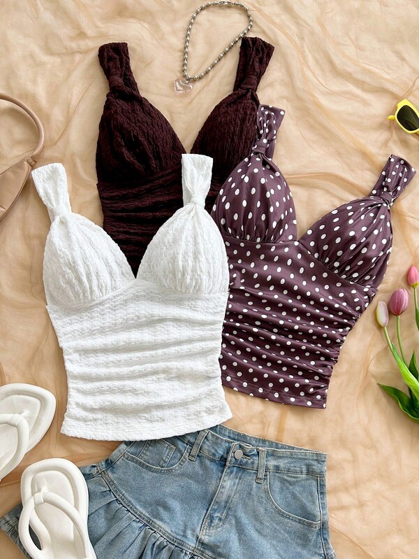 Soleia Women's Vacation Textured Fashion Pleated Elegant Sexy Tank Top 3pcs Set Vacation White White Polka Dot Burgundy Summer