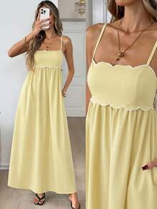 Easowa Vestido maxi de tirantes para mujer con bajo curvo, plisado, elegante, estilo boho casual para vacaciones de verano en la playa, color amarillo pálido - amarillo ganso - Ver 2
