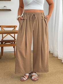 Enliva Plus Size Women Khaki Wide Leg Pants High Waist Drawstring Elastic Casual Pocket Vacation Summer - Khaki - View 5
