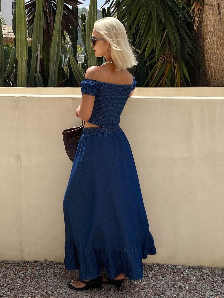 Women's Off-Shoulder Tight Crop Top And A-Line Denim Skirt Set, Spring/Summer