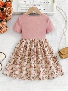 Emery Rose Kids Emery Rose Kids 少女純色針織圓領拼接梭織花卉下擺休閒洋裝 - 彩色 - 查看 2