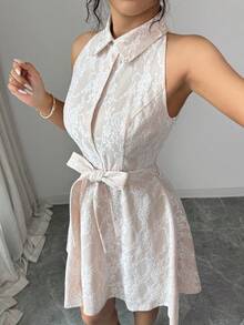 Vestido corto sin mangas con estampado floral y cinturón, adecuado para vacaciones de verano OPML - Multicolor 4 - Ver 4