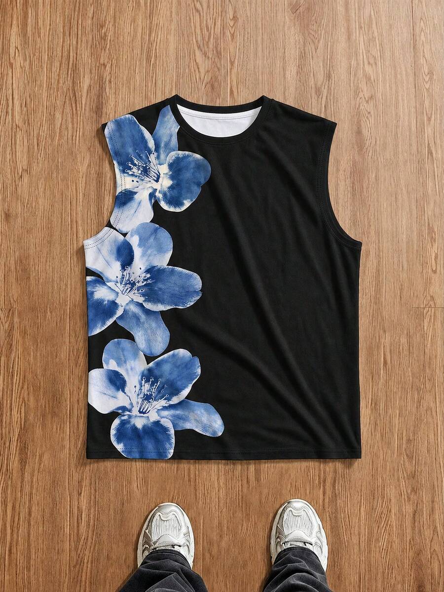 Manfinity Joysei Men's Round Neck Printed Casual Tank Top - Black - View 1