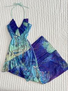 Noixe Women's All-Over Print Ruffle Halter Neck Casual Tropical Sexy Party Holiday Vacation Short Dress Purple Summer - Multicolor - View 1