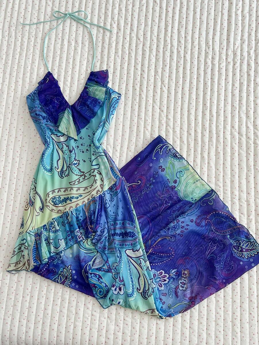 Noixe Women's All-Over Print Ruffle Halter Neck Casual Tropical Sexy Party Holiday Vacation Short Dress Purple Summer - Multicolor - View 1