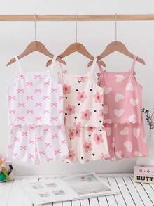 (Aleatorio 3-en-1) Conjunto de Top Camisola y Shorts de Tela Acanalada Suave y Cómoda con Estampado Floral de Corazón y Mariposa Cálido para Niñas con Decoración de Lazo 3D, Caja Ciega Aleatoria 1 Conjunto - Multicolor - Ver 2