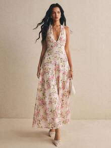 Poéselle Women's Floral Print Deep V-Neck Elegant Halter Dress - Apricot - View 2