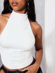 Denimoi Bodycon Halter Top Ruched Side Solid Color Top Fashion Tops Brunch Summer Tops - White - View 2