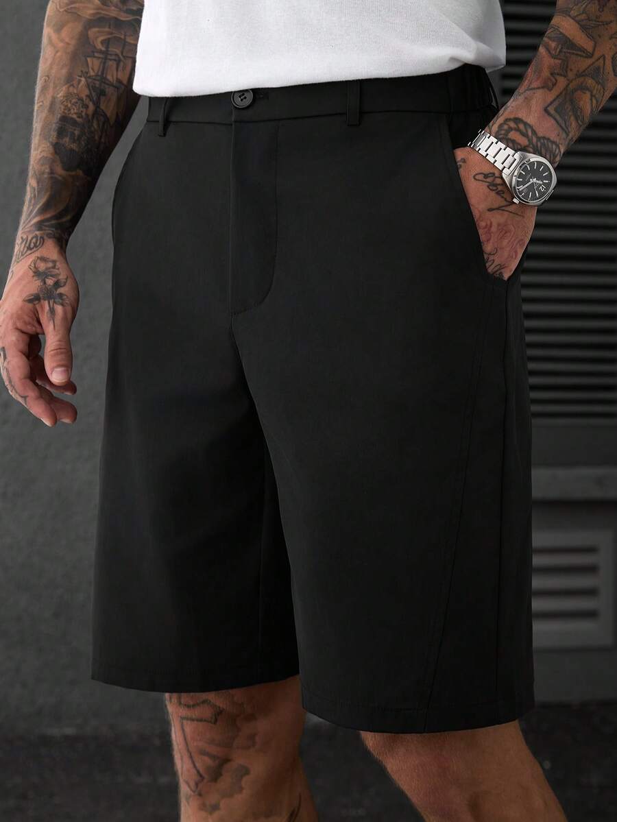 SLATEMANN Men's Solid Color Pocket Straight Leg Loose CasualBermuda Shorts - Black - View 1