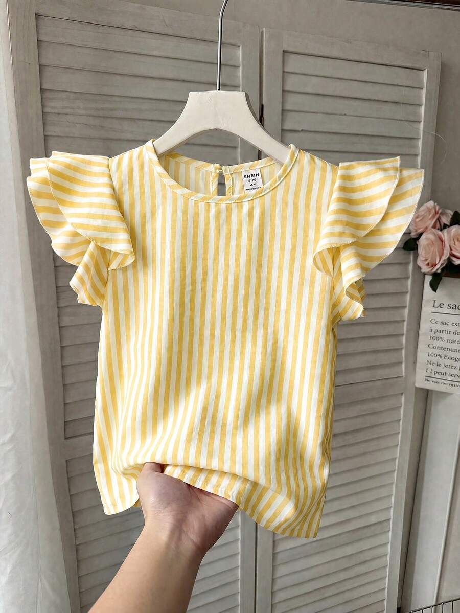 SHEIN LMoss Kids 女童編織素色圓領荷葉邊修身休閒襯衫 - 黃色 - 查看 1