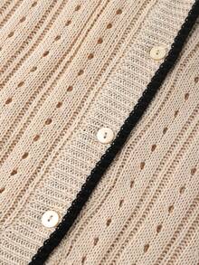 SHEIN Camel Color Contrast Black Trim Hollow Pattern Fashionable Minimalist Elegant Business Commute Old Money Style Spring Summer V-Neck Short Knit Cardigan Top For Women - Camel - View 4