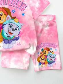 SHEIN | PAW Patrol 女童休閒簡約短袖上衣與短褲兩件套，適合夏季，經典可愛勇敢卡通動漫可愛圖案印花 - 彩色 - 查看 4