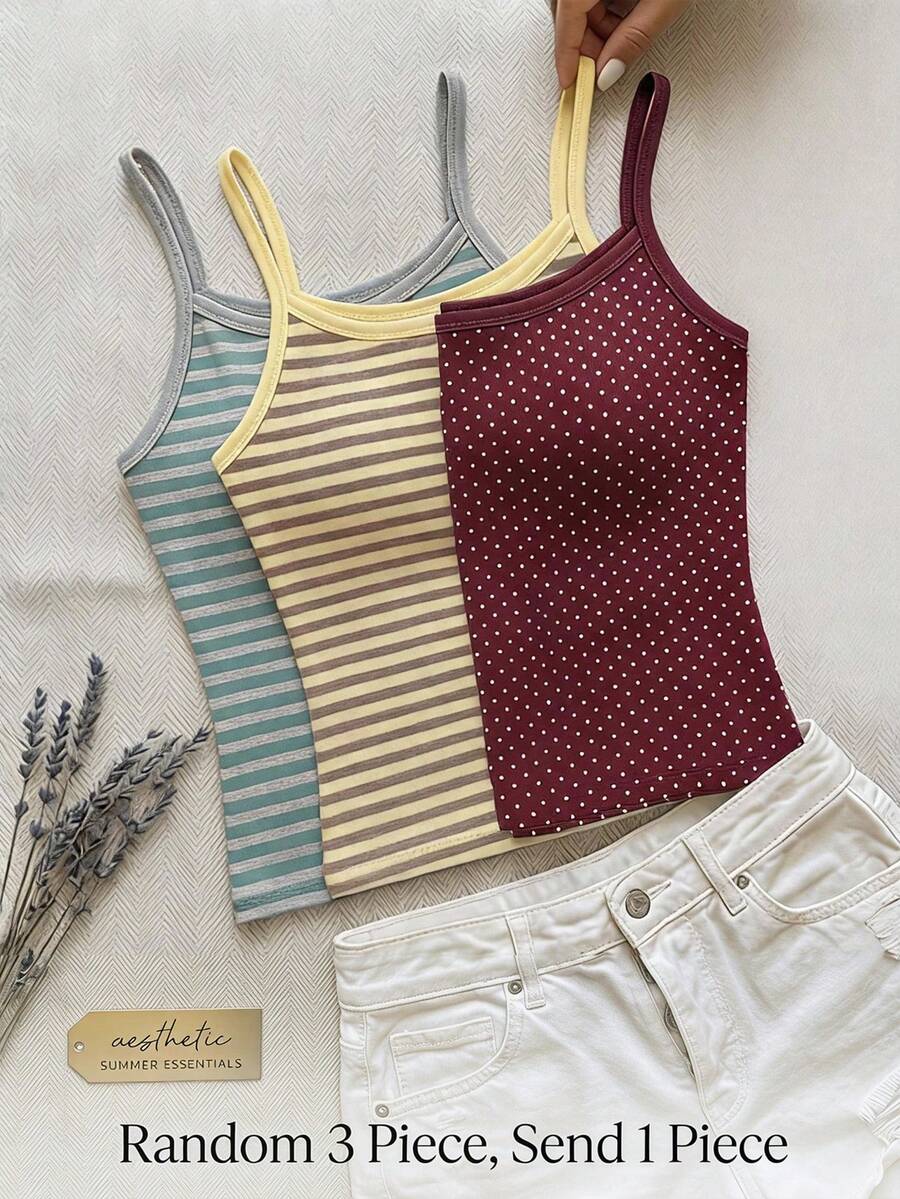 Tween Girls Casual Simple Pale Yellow Striped Spaghetti Strap Fitted Tank Top Summer Top - White - View 1