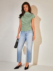 COSMINA Women's Solid Color Pleated Casual Versatile Daily Outing Top - Green - View 3