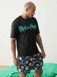 Rick and Morty X SHEIN 男士圓領字母印花短袖上衣與短褲休閒日常居家服套裝 - 黑色 - 查看 5