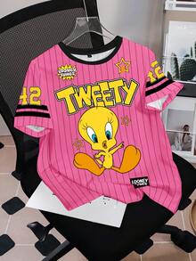 LOONEY TUNES X SHEIN Damen Gestreiftes und Cartoon Muster T-Shirt mit Rundhalsausschnitt und Kurzarm - Weiss - View 3