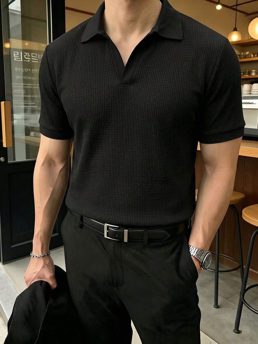 JOLTRO 男士素色短袖休閒通勤 Polo 衫 - 黑色 - 查看 1