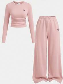 SHEIN Tween Girls Versatile Bow Pattern Long Sleeve Long Pants Light Gray 2 Pieces Set - Pink - View 7