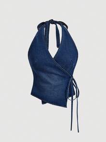 Selenza Women's Plus Size Halter Neck Backless Fitted Denim Top - Blue - View 5