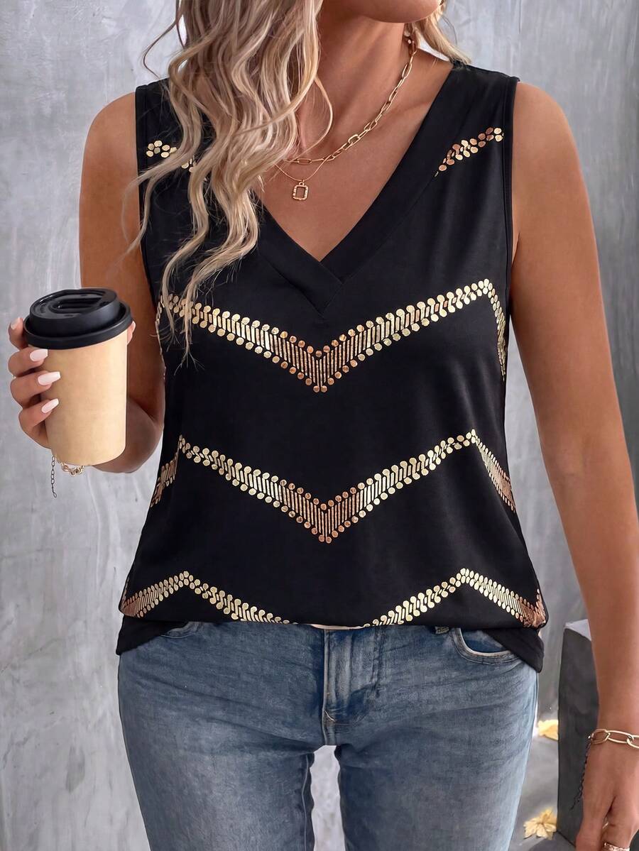 EMERY ROSE Camiseta de tirantes casual de talla grande con cuello en V, fondo negro y estampado de ondas doradas, estilo vintage - Multicolor - Ver 1