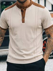 Manfinity CasualCool Camisa casual de hombre con cuello Henley de punto de gofre, manga corta, cuello polo de color en contraste, camiseta elegante de estilo Old Money en beige & marrón, adecuada para uso diario en verano, salidas de fin de semana, actividades al aire libre, viajes, looks de crucero/yate, ocasiones semiformales, excelente regalo para novio/esposo en cumpleaños/aniversario - Albaricoque - Ver 5